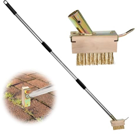 vkwe Weed Brush 60 Long Handle, 2-in-1 Dual Action Weed Brush Remover, Stainless Steel & Brass, Patio, Driveway & Gutter Cleaning