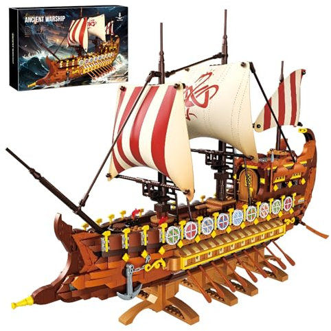 Fuleying Antikes Kriegsschiff Bausteine Bausatz, Wikinger Langschiff Klemmbausteine, Das mittelalterliche nordische Mythen Piratenschiff Modellspielzeug für Erwachsene Jugendliche, Home Office Decor