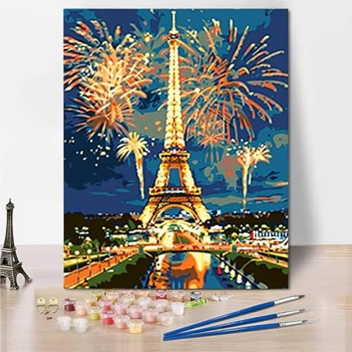 Malen Nach Zahlen Erwachsene Kinder Anfänger DIY Handgemalt Ölgemälde auf Leinwand Kit für Home Deko oder Geburtstag Weihnachten Geschenk Mit Farbe und Pinsel, Paris Eiffel Tower 30x40cm 6400-9