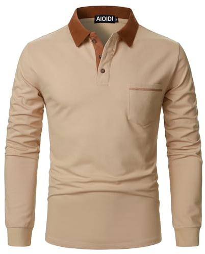 AIOIDI Herren Baumwolle Kontrastierende Farben Poloshirt Langarm Basic Tennis Polohemd Polo