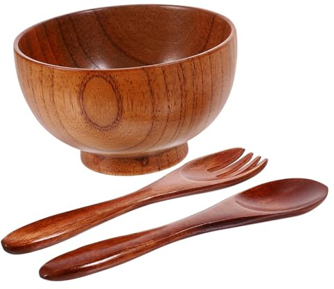 LALADEFIEE Wooden Bowl Tableware for Salad and Fruit Flat Bottom Includes Spoon and Fork for Family Dining and Outdoor Gatherings Versatile Wooden Bowls for Everyday Use