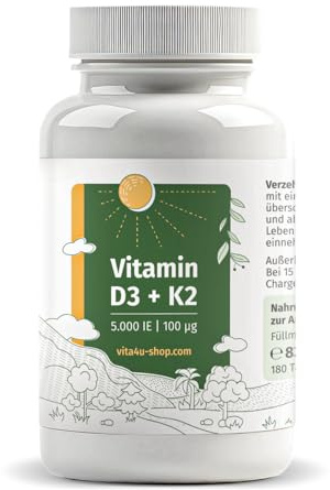 Vitamin D3 5000 I.E. mit 100μg Vitamin K2 All-Trans-MK7-180 vegetarische Tabletten - Depot: 1 Tablette pro 5 Tage