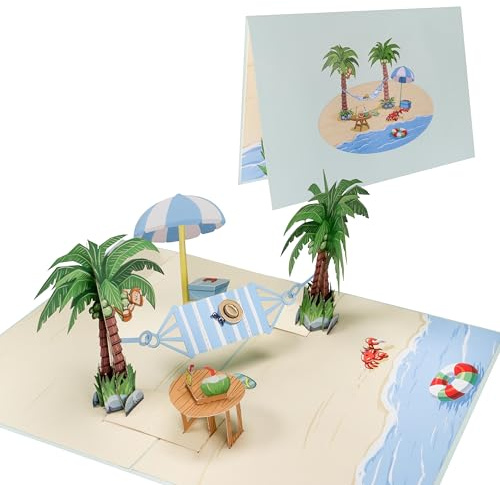 Sweetpopup® Pop-Up Karte Strand & Palmen - 3D Glückwunschkarte für Geburtstag, Reise und Entspannung – Perfekt als Gutschein und Geldgeschenk für Urlaub am Meer oder Inselurlaub, 110