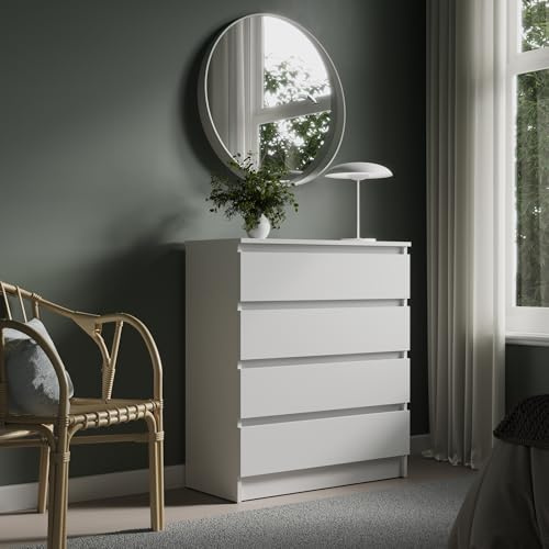 Home Collective Kommode 76cm breit mit 4 Schubladen Kommode weiß schmal Holz Schrank mit Schubladen Sideboard Highboard Anrichte Schlafzimmer Wohnzimmer Flur Büro Organizer Breite 76 cm Höhe 87 cm