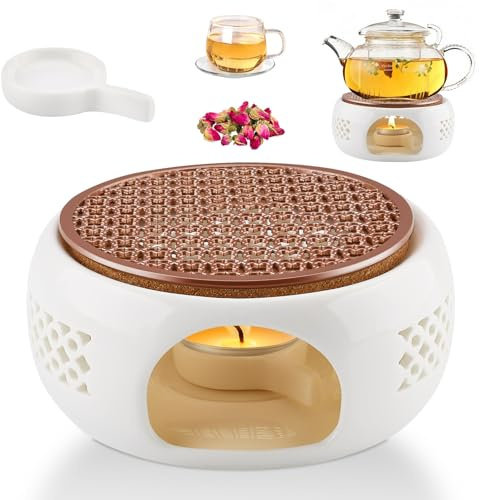 Zosenyer Chauffe theiere en céramique, teewärmer pour théière, Petit réchaud avec Support pour Bougie Chauffe-Plat pour thé, pour Tasse et théières, Blanc (sans Bougie Chauffe-Plat, sans théière)