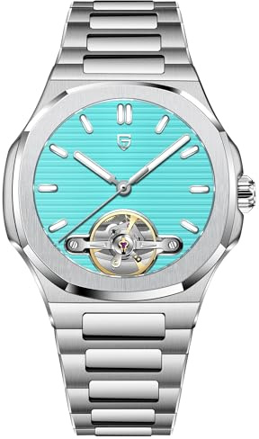 Pagani Design Men's Mechanical Watch Skeleton Tourbillon Full Stainless Steel AR Sapphire Mirror Waterproof Elegant Men's Automatic Watch (Sky Blue)