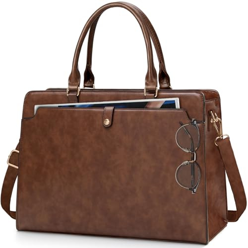 RAINSMORE Laptop Bags for Women 15.6 Inch Ladies Work Bag Laptop Tote Bag PU Leather Large Laptop Handbag for Women Water Resistant Computer Bag for Business Office School Travel Retro Brown