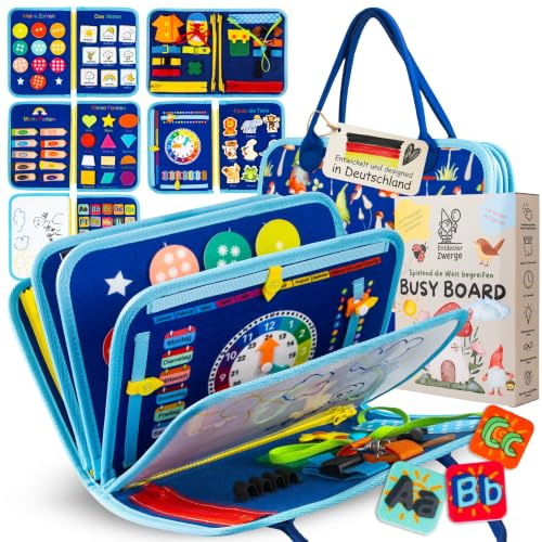 Entdecker Zwerge Montessori Busy Board ab 3 Jahre - Lernspielzeug mit deutschen Inhalten - Busy Book mit 25 Aktivitäten - Motorikspielzeug - Activity Board für Kinder - Reisespiel - in Geschenkbox