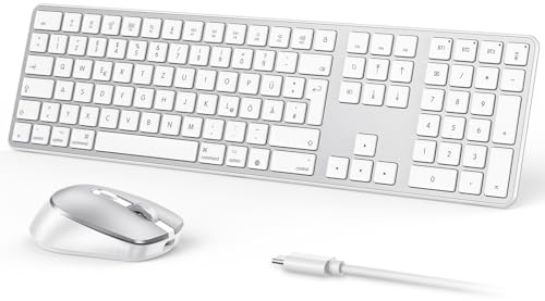 OMOTON Mac Tastatur Maus Set Kabellose, Wiederaufladbar, DE Layout | Bluetooth Funktastatur maus für MacBook Air/ Pro/iMac/iMac Pro/Mac mini, Ergonomisch, Multi-Gerät, Leises Tippen