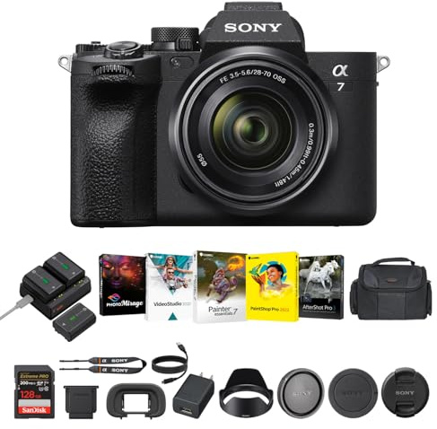 Sony A7 IV - Fotocamera mirrorless con 28-70 mm, fotocamera digitale ibrida veloce con batterie e kit doppio caricabatterie, kit software Corel, scheda di memoria SDXC da 128 GB e grande borsa DSLR