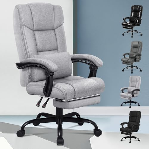 ALFORDSON Ergonomisk kontorsstol, datorskrivbordsstol med fotstöd, nätstol med högt ryggstöd, snurrstol med 150° lutning, tygmaterial, grå