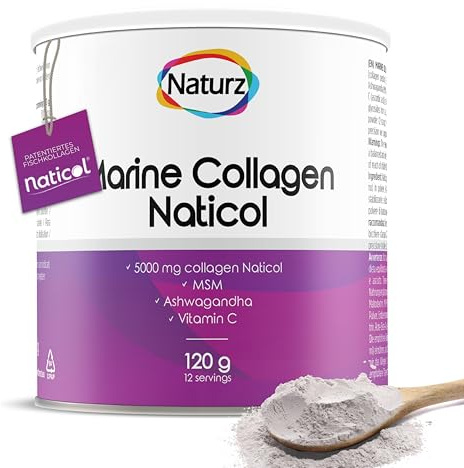 Naturz Marine Kollagen, Pulver 120 g | Naticol Fischkollagen-Peptide Typ 1 mit Vitamin C, MSM & Ashwagandha - Erdbeergeschmack, mit Stevia gesüßt