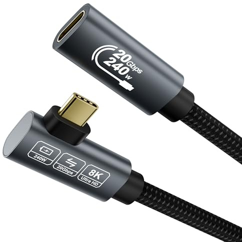 EUDOBEL 240W Cable Alargador USB C 0,5m (USBC 3.2 Gen 2×2 20Gbps, Ángulo de 90 grados) Video 8K@30Hz, 4K@144 Hz/60Hz Alargador USB C macho hembra para Thunderbolt 4, MacBook, Hub, Docking Station