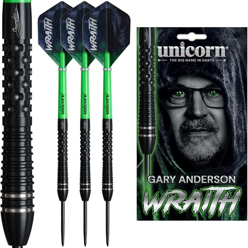 Unicorn | Gary Anderson | Wraith | 90% Tungsten Barrels Extra Grippy Machined Grooves | Steel Tip Darts Set | The Flying Scotsman | Noir Black Volute Points | 21g, 22g, 23g, 24g or 25g
