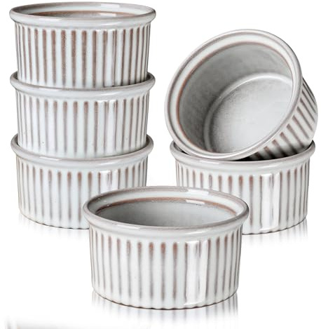 NUTRIUPS 6oz Ceramic Ramekins Set of 6, Vintage Souffle Dishes - Oven Safe Small Baking Bowls for Pudding, Creme Brulee & Custard (Vintage Gray, 6 OZ)