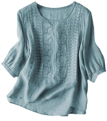 Linen Tunic Tops for Women UK Linen Shirt Women Oversized Embroidery Tunic Tops Retro Jacquard Short Sleeve Boho Blouse Casual Loose Fit Flowy Hem Tee Shirt Boho Blouse