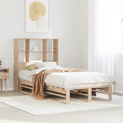 Kaloriko Massivholzbett Kiefernholz 90x190 cm, Bettrahmen mit Lattenrost, Kopfteil Regal, Stauraum, platzsparend, für Schlafzimmer, Erwachsene, Jugendliche, ohne Matratze