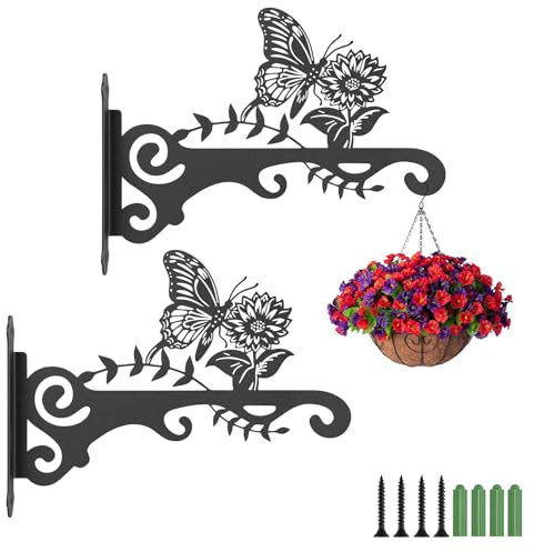 APXEL 2 Pack Hanging Basket Bracket with Screws, Plant Hanging Bracket | Outdoor Black Rustproof Iron Wall Mounted Hook for Plants Lanterns Bird Feeders Wind Chimes Light Flowers