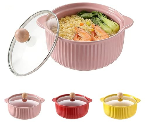 LUPATDY keramisk ugnsform 800 ml, keramisk ramen-skål med lock, runda bakformar med handtag för lasagne, ramen, bakning, sallad, för varmluftsfritös, ugn, mikrovågsugn, rosa