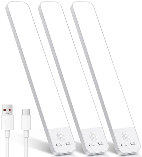 Ylatoial Under Cabinet Kitchen Lights Motion Sensor, 6500K 126LED [3 Pack] | Dimmable Cabinet Light 25cm 2000mAh Motion Sensor Light Indoor Type-C Rechargeable Battery Powered for Stairs Wardrobe Closet
