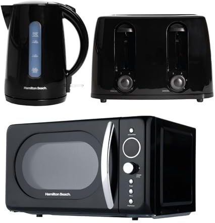 Hamilton Beach Kettle Toaster Microwave Set, Essentials, Electric Kettle, 1.7L,Toaster 4 Slice, Kettle & Toaster Set, Microwave Oven, 20L, Retro, Digital Control, 700W, Kitchen Set, Black - HBESSB4RET