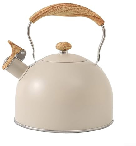 Bouilloire sifflante en acier inoxydable de 2,5 litres avec poignée pliante à motif en bois, blanc crème
