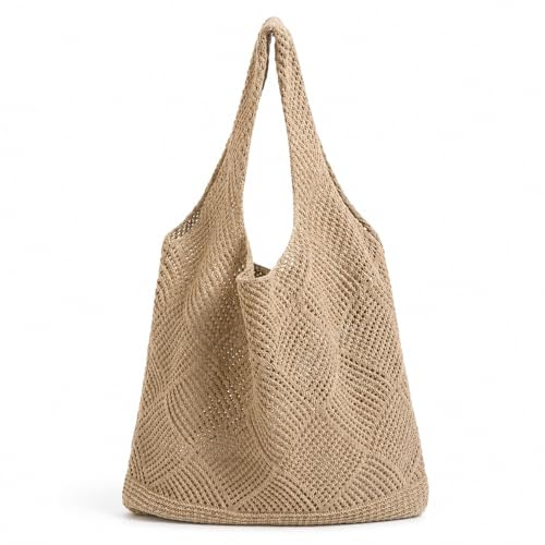 Parspetil Brown Crochet Tote Bag,Mesh Beach Bag for Women,Knit Boho Shoulder Bag Summer Vacation Casual Handbag for Beach Travel and Shopping