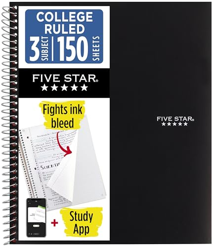 Five Star Spiral Notebook + Study App, 3 Subject, College Ruled Paper, Fights Ink Bleed, Water Resistant Cover, 8-1/2 x 11, 150 Sheets, Black (72069)