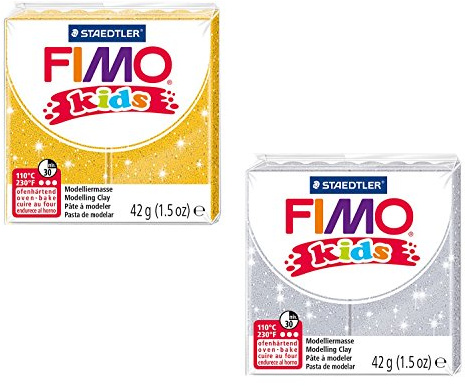 STAEDTLER 8030 AMZ 02 - Fimo kids glitter Modelliermasse, 2 Blöcke, 42 g, gelb/silber