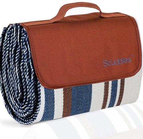 scuddles Manta de Picnic Extra Grande, de Doble Capa, Manta de Playa, Repelente al Agua, tapete para Picnic al Aire Libre, Primavera, Verano, a Rayas Azul y Blanco