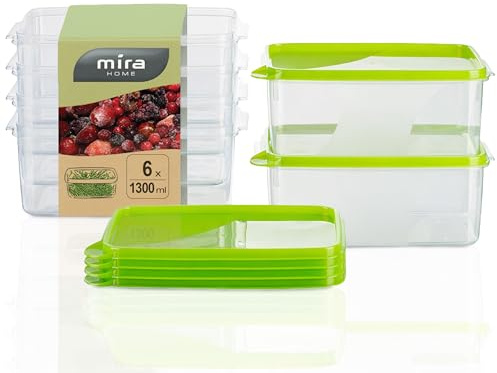 MiraHome Gefrierdosen 6x1,3L rechteckig grün – Vorratsdosen mit Deckel luftdicht – Transparente Frischhaltedosen mit Deckel – Aufbewahrungsbox Küche für Mealprep & Organisation – Austrian Quality
