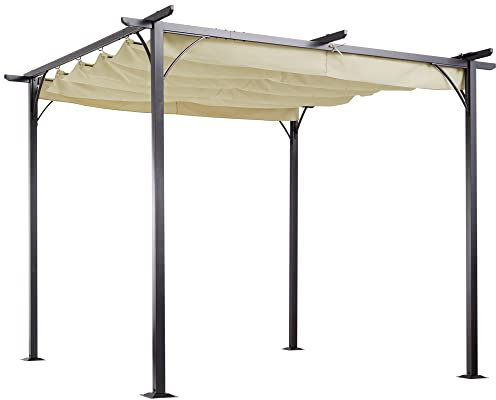 Outsunny Pérgola de Jardín 3x3m Gazebo Cenador para Exterior con Techo Retráctil Tela Poliéster Impermeable y Anti-UV para Patio Terraza Beige