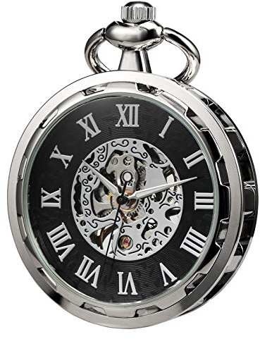 TREEWETO Montre de Poche pour Homme avec Cadran Squelette Creux et Engrenages Visibles, Mouvement Mécanique Ouvert, Argent Noir, Steampunk