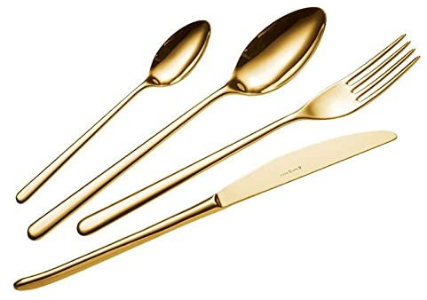 Eme Venice Tin Gold P13AVCTG Servicio de cubiertos PVD 6, cuchillo, tenedor, 6 cuchara, 6 cucharillas, paquete de 24 unidades, modelo Venice Style Design, material 1810 AISI 304, grosor 4,0 mm,
