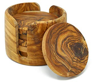 Untersetzer für Gläser Bierdeckel rund aus Olivenholz im 6er Set 8,5 cm Inclusive Aufbewahrungsbox Für Gläser Becher Tassen und Vasen