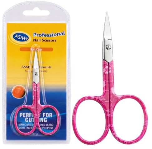 ASM Professional Nail Scissors Curved Manicure Cuticle Scissors - Heavy Duty Cuticle Trimmer for Eyebrow, Beard, Nose Hair Trimming - Beauty Scissor Gifts for Women & Men (Pink)