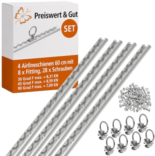 4 STK Airlineschiene 60 cm mit 8 Fittings und 28 Schrauben Zurrschiene | Zurrschienen Set mit 8 Fitting Zurrösen und Ring für Anhänger LKW und Transporter, belastbar bis 8,59 kN