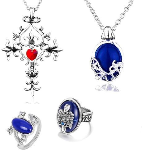 YouU 24 Stück The Vampire Schmuck Aufkleber Set Daywalking Katherine Diaries Saphirkristall Halsketten Vampir Kreuz Symbol Halsketten Salvatore Damon Stefan Finger Familienwappen Ringe