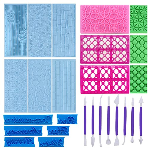 Woohome 23 Stück Kunststoff Fondant Silikonform Set - 14 Verschiedene Muster Strukturmatte für Tortendeko, Schokolade und Blumen