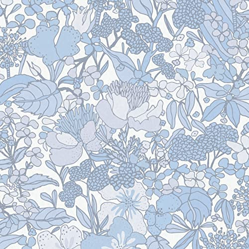 Papier peint fleuri salle de bain bleu | Tapisserie bleu fleurie pour chambre enfant | Papiers peints intissés motif floral pastel