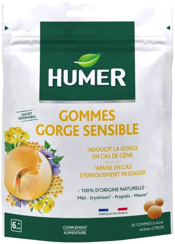 Humer - Gommes Gorge Sensible - Goût Citron - Dès 6 ans - Sachet Refermable & Recyclable de 30 Gommes