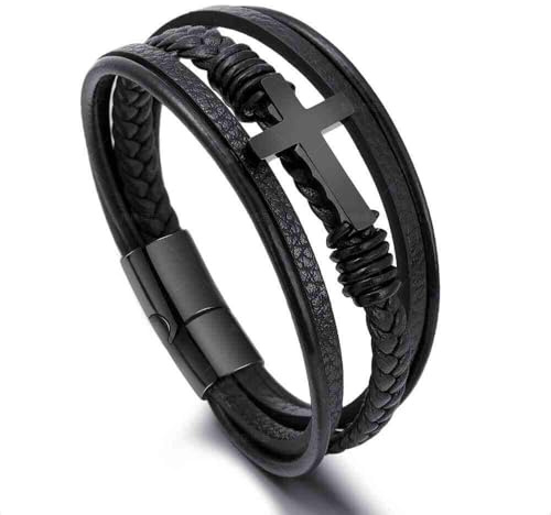 Aleasha kreuz Leder Armband für Herren Armband als Geschenk für Papa mit Edelstahl Magnet Verschluss ArmbäNder Schmuck Geschenk