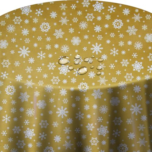 Wachstuch Wachstischdecke Tischdecke Weihnachtstischdecke Größe wählbar Weihnachten Schneeflocken Gold Oval ca. 140 x 180 cm abwaschbar