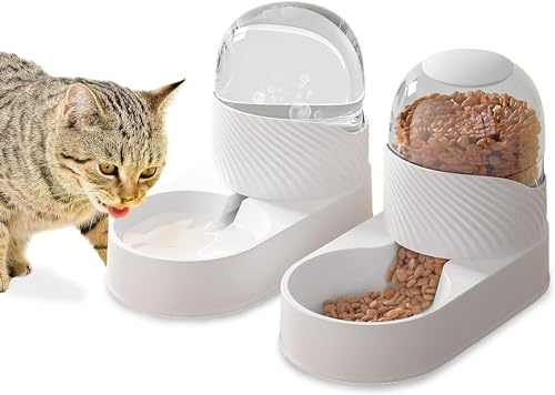 kathson Automatischer Katzenfütterer, Automatischer Schwerkraft-Hundefütterer, Automatischer Haustier-Tränkefütterer, Katzenfutterspender-Set 2L für kleine Haustiere, Welpen, Kätzchen（Weiß）