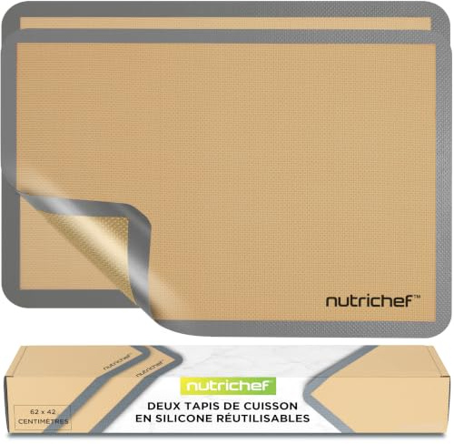 NutriChef Silicone Mat Set – 2 Non-Stick Reusable Oven Liners 62 cm x 42 cm, Food-Grade Oven Safe 250°C, Sheets for Pastry, Dough, Cookies & Kitchen Accessories, Grey