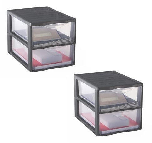 SUNDIS Orgamix, 2er-set schubladenboxen aus Kunststoff, 2 transparente Schubladen für A4-Papier, Höhe 25,5 cm, stapelbar, ideal für Schreibtisch, Unterricht, Dokumente, Zubehör