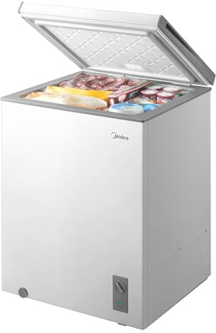 Midea MERC05C4BAWW Chest Freezer, 5.1 Cubic Feet Freezer With Removable Basket, Interior LED Light, Adjustable Temperature, For Kitchen Apartment Office, White