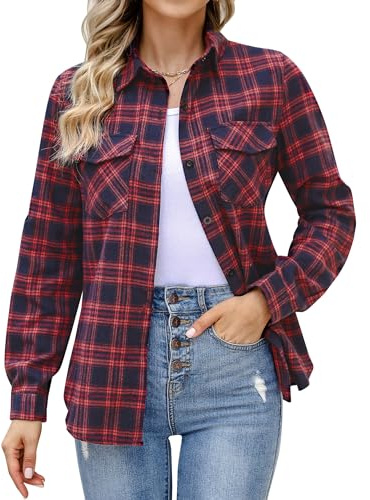 Aottori Dam rutig skjorta damer långärmad button-down casual flanell rutiga skjortor bas lös rutig blus topp, Marinblå röd, S