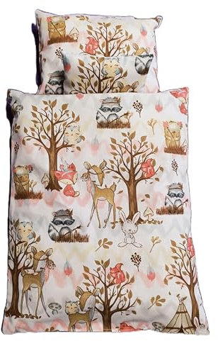 Handgefertigte Puppenbettwäsche, Waldfreunde, Hase und Igel, Gänse und Blumen, waschbar Decke 41h x 33b, Kissen 18h x 24b (Waldfreunde)