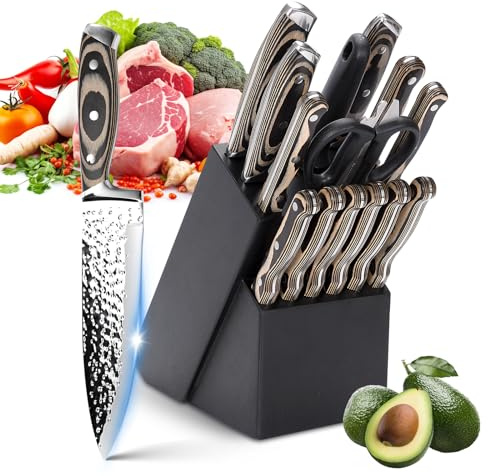 15-Piece Chef Knife Sets with Sharpener, Kitchen Knife Sets with Wood Block, High Carbon Stainless Steel Professional Chef’s Knives, Steak Knife and Scissor for Chopping Slicing and Dicing